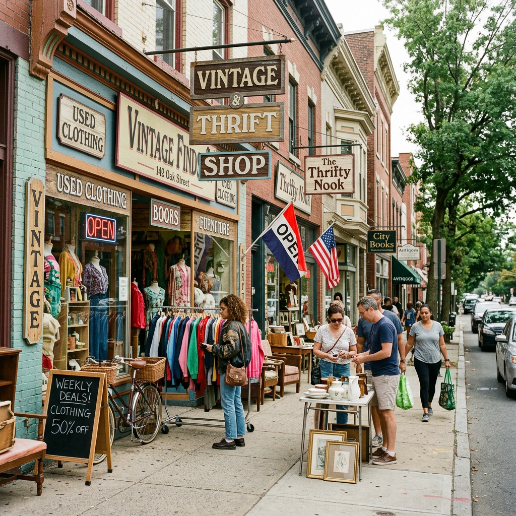 Vintage thrift shops with sidewalk displays, shoppers, flags, and street signs